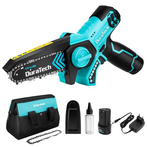 Tronconneuse a Batterie 5 Pouces, DURATECH, 12V Mini Scie Electrique Sans Fil avec 2 Batteries et 2 Chaines, Ideale pour la Coupe du Bois et l'Elagage de Jardin
