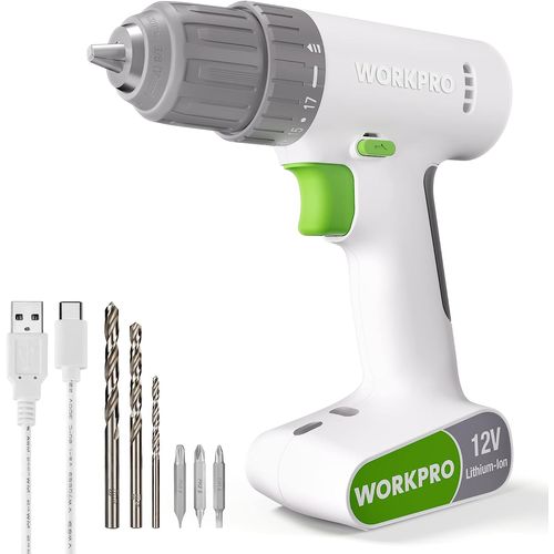 Perceuse Visseuse sans Fil 12V WORKPRO Tout-en-un avec Mandrin 10mm(3/8) et Batterie 1500mAh, Charge Facile par USB de Type C, Reglage de Couple 17 + 1, et 3 Forets en HSS et 3 Embouts a Double Tete