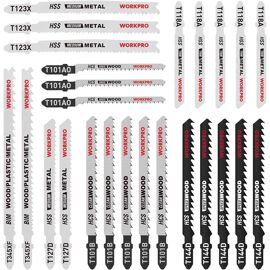 Lames de Scie Sauteuse a Tige en T 25 Pieces WORKPRO, Fabriquees en HCS/HSS/BIM, avec Etui de Rangement pour Coupe de Bois, Plastique et Metal