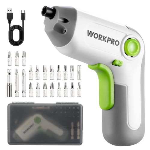 Perceuse Visseuse Sans Fil 6Nm 3,6V WORKPRO, Visseuse Devisseuse Excentrique avec 21 Embouts, Barre d'Extension, Batterie 2000 mAh, Lumiere LED, Cable USB, Boite de Rangement, pour Bricolage, Blanc