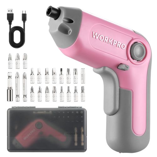 Perceuse Visseuse Sans Fil 6Nm 3,6V WORKPRO, Visseuse Devisseuse Excentrique avec 21 Embouts, Barre d'Extension, Batterie 2000 mAh, Lumiere LED, Cable USB-C, Boite de Rangement, pour Bricolage, Rose