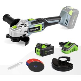 Meuleuse d'angle Electrique sans Fil 20V WORKPRO avec Batterie 4,0Ah, Ø125mm, Leger avec 5 Disques a Tronconner, 2 Capots de Protection, Chargeur Rapide et Poignee Auxiliaire
