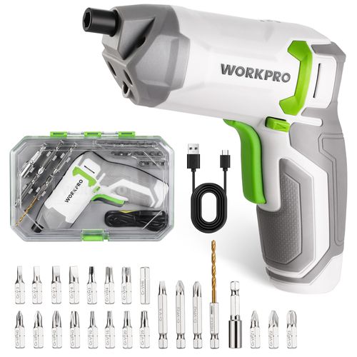 Perceuse Visseuse Sans Fil 3,6V WORKPRO, Visseuse Devisseuse Excentrique Rechargeable avec Batterie 2,0Ah, 7Nm, 2 Sens Rotation + Lampe LED, Cable Charge USB, 24 Accessoires, pour Bricolage, Blanc