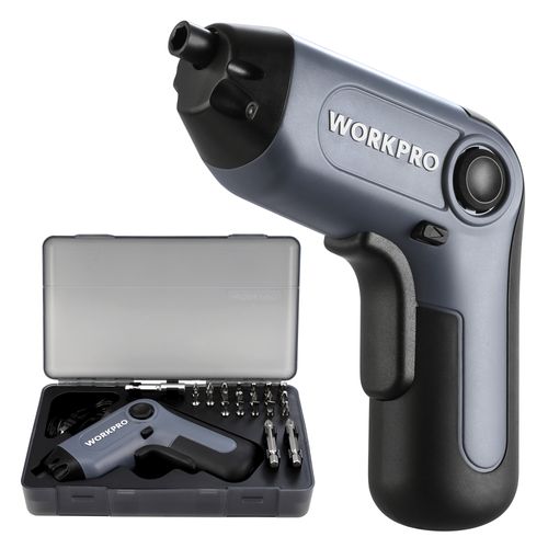 Perceuse Visseuse Sans Fil 6Nm 3,6V WORKPRO, Visseuse Devisseuse Excentrique avec 21 Embouts, Barre d'Extension, Batterie 2000 mAh, Lumiere LED, Cable USB-C, Boite de Rangement, pour Bricolage, Gris