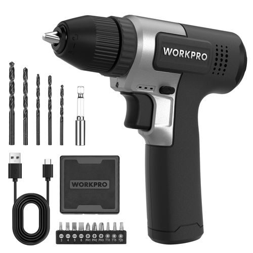 Kit de Perceuses Visseuse Sans Fil 8V Noir WORKPRO, Visseuse Devisseuse Sans Fil 2000mAh, Couple 12Nm, Mandrin de Percage 10mm, LED Lumiere, Kit d'Accessoires Complet, pour Reparation Maison DIY