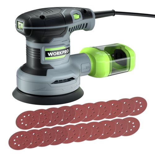 Ponceuse Excentrique 125mm WORKPRO, Ponceuse Rotative a Vitesse Reglable(Vitesse a vide: 7000-13000 tr/min), Ponceuse Orbitale Filaire 300W avec Recipient a Poussiere et Disque de Poncage 20 Pieces