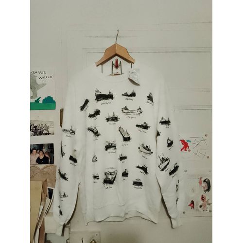 Sweat Blanc Motifs Noirs Xl Vintage Années 80 Jerzees