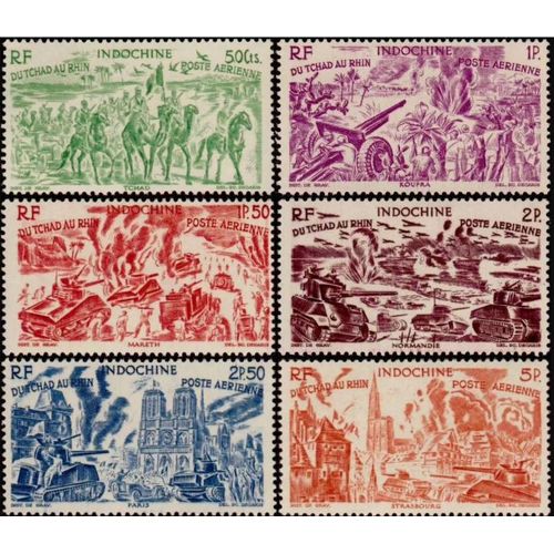 Indochine (Actuel Vietnam), Colonie Française 1946, Belle Série Complète Timbres Neufs* De Poste Aérienne Yvert 40 À 45, Le Tchad, Koufra, Mareth, Normandie, Paris, Strasbourg.
