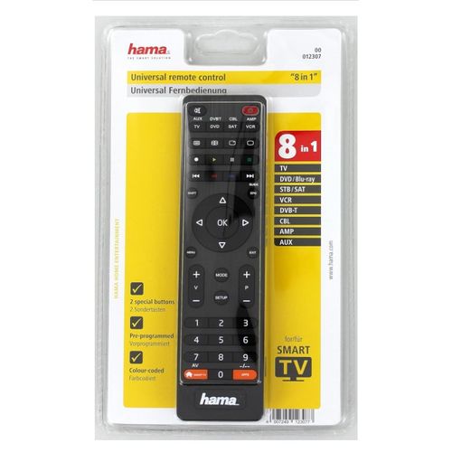 Télécommande universelle Hama « Smart TV » 8 en 1 (contrôle 8 appareils préprogrammés, TV/DVD/décodeur/magnétoscope, télécommande de remplacement pour télécommande multifonction infrarouge) Noire