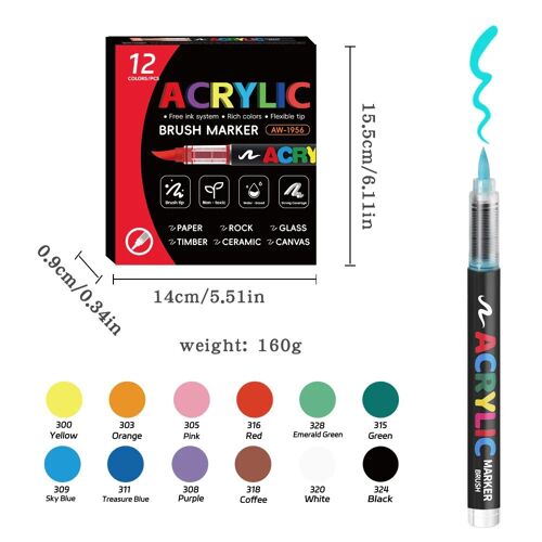 Marqueurs de peinture acrylique 168 couleurs – pointe pinceau pour bois, roche, toile et bricolage - 12 Colors