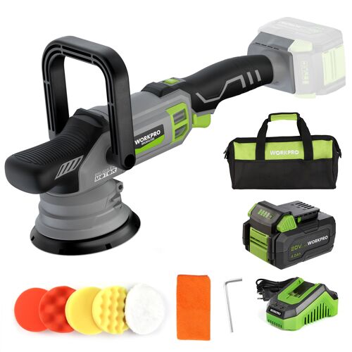 Polisseuse de Voiture sans Fil 20V WORKPRO, Polisseuse Orbitale sans Balais a Double Action, 7 Vitesses (2000-5000 tr/min), Poignee en D Reglable, avec Sac, pour Voitures, Sols, Carreaux, Meubles