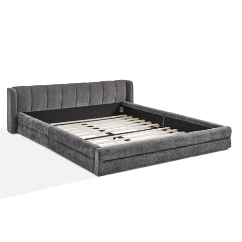 Lit double 160x200 tissu chenille dossier confortable structure eucalyptus fer montage facile gris foncé sans matelas