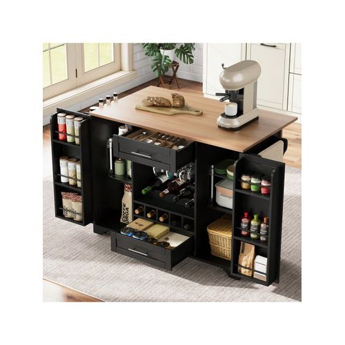Wagon de cuisine multifonction ilot central roulant avec plan de travail pliable 120x70x92 cm rangement vin epices torchon,nior