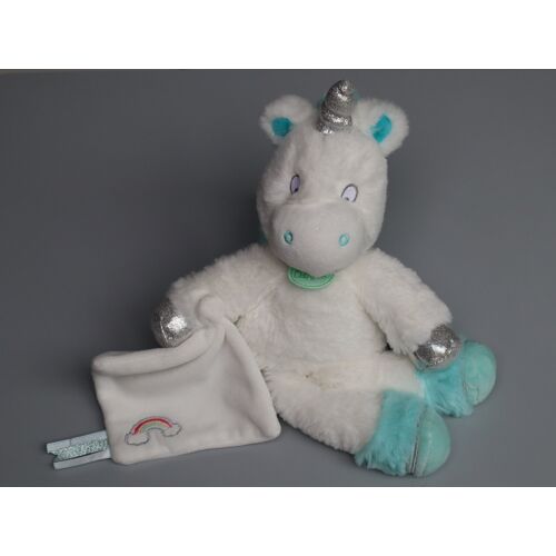 Doudou licorne blanche bleue mouchoir arc en ciel Baby Nat