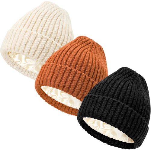 Jexnovashop-Bonnet D'hiver Pour Femmes Hommes Bonnet Doublé Satin Doux Et Chaud Beanie Hiver Avec Doublure Soyeuse Tricoté Chapeau Unisexe