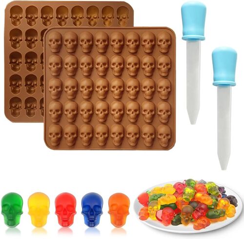 Jexnovashop-2 Pc 80 Cavité Moule En Silicone En Forme De Tête De Mort Mini Moules En Silicone Pour Halloween Avec 2 Compte-Gouttes Pour Chocolat, Bonbons, Gelée