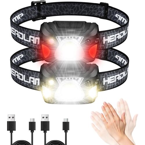 Jexnovashop-Lampe Frontale Rechargeable 2 Pièces, 2000 Lux Superbrighte Led Puissante Avec Voyant Rouge,6 Modes D'éclairage,Capteur Mouvement, Affichage De Puissance Ipx4 Étanche Lampe Frontale Runni
