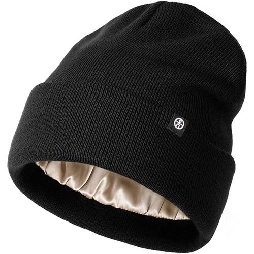 Jexnovashop-Bonnet D'hiver Doublé De Satin Pour Homme Et Femme - Bonnet Tricoté Doublé De Soie - Bonnet Doux - Extensible - Noir, Noir , Large