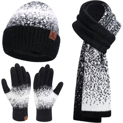 Jexnovashop-Femme Hiver Tricot Bonnet Chapeau Gants Tactiles Longue Echarpe Ensemble Avec Doublure En Polaire Chauffants Skull Casquette Gants Foulards