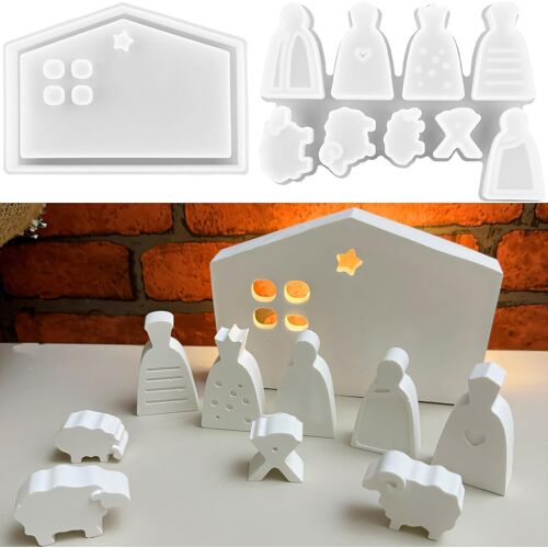 JEXNOVASHOP-Ativity Mold Silicone Moule de la Famille Jésus Moule de Maison de Scène de la Nativité Moules en Silicone pour Crèche de Noël Artisanat de moule en Résine Époxy 3D pour Crèche de Noël