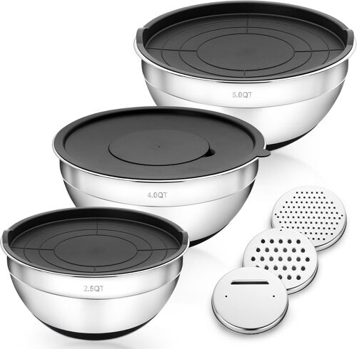 Jexnovashop-Lot De 3 Saladiers En Acier Inoxydable Avec Couvercles Hermétiques Pour Pâtisserie/Cuisine, Taille 2,5/4/5 L, Fond En Silicone Antidérapant, Très Résistants Et Passent Au Lave-Vaisselle