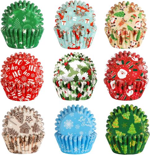 Jexnovashop-Lot De 450 Caissettes En Papier Pour Cupcakes De Noël, Père Noël, Bonhomme De Neige, Arbre De Cuisson, Muffins, Décorations De Gâteaux (9 Motifs)