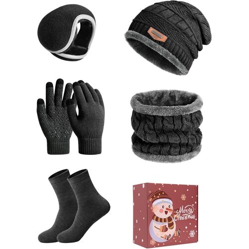 Jexnovashop-5pcs Ensemble Bonnet Echarpe Gant Homme Tricoté Tour De Cou Doublure Polaire Hiver Beanie Bonnet Chauffe-Oreilles Écharpe Gants À Écran Tactile Chaussettes