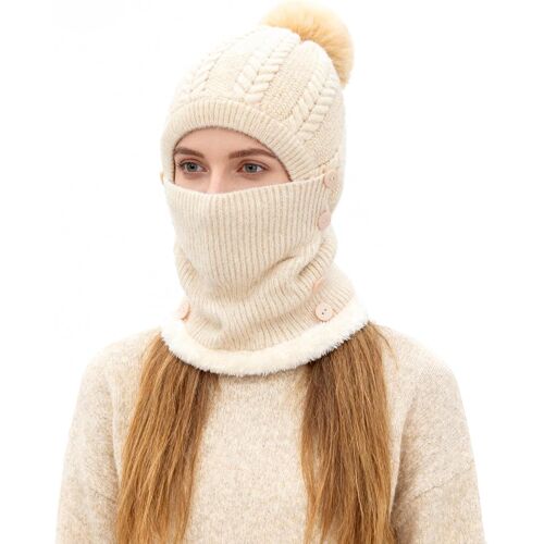 Jexnovashop-Hiver Chaud Tricoté Bonnet Et Ensembles De Cache-Cou,Bonnet Tricoté Flexible Avec Boule De Poils,Doublé En Molleton Épais Doux,Masque Facial Réglable Pour Les Femmes Pour Les Sports De Pl