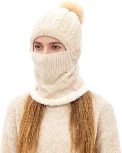 Jexnovashop-Hiver Chaud Tricoté Bonnet Et Ensembles De Cache-Cou,Bonnet Tricoté Flexible Avec Boule De Poils,Doublé En Molleton Épais Doux,Masque Facial Réglable Pour Les Femmes Pour Les Sports De Pl