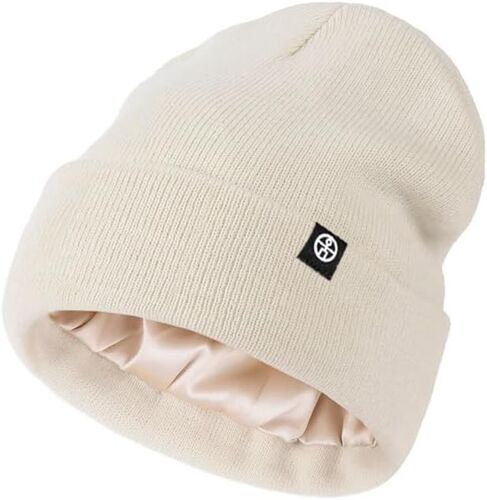 Jexnovashop-Bonnet D'hiver Doublé En Satin Pour Homme Et Femme - Bonnet Tricoté Acrylique/Satin Extensible Et Doux - Beige, Multicolore, Unique
