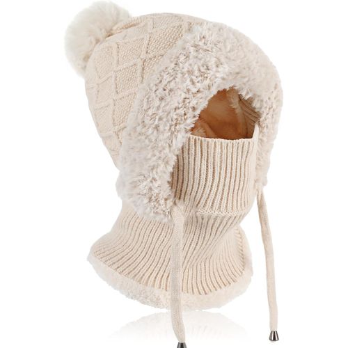 Jexnovashop-Hiver Chaud Tricoté Bonnet Et Ensembles De Cache-Cou, Chapeau D'hiver Bonnet Tricoté Flexible Avec Boule De Poils, Cagoule Polaire Thermique Réglable Balaclava Femme Pour Les Sports De Pl
