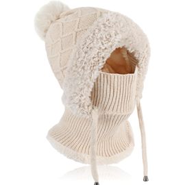 Jexnovashop-Hiver Chaud Tricoté Bonnet Et Ensembles De Cache-Cou, Chapeau D'hiver Bonnet Tricoté Flexible Avec Boule De Poils, Cagoule Polaire Thermique Réglable Balaclava Femme Pour Les Sports De Pl