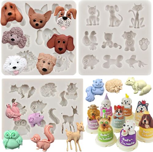Jexnovashop-Lot De 3 Moules En Silicone En Forme D'animaux De La Forêt Chat Chien Écureuil Hérisson Hibou Oiseau Fondant Pour Décoration De Gâteaux Cupcakes Bonbons Chocolat Pâte À Gomme Argile Polym