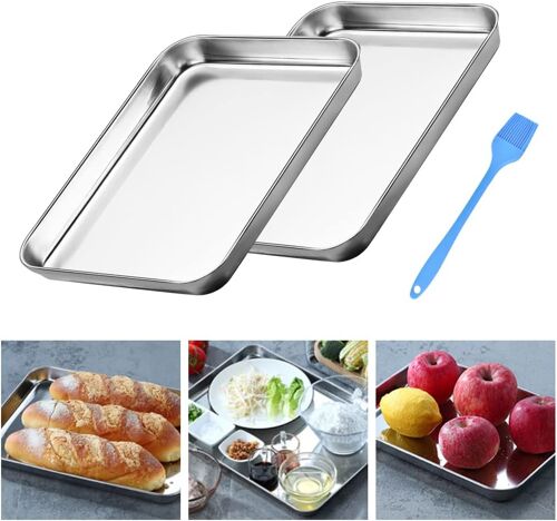 Jexnovashop-2 Pcs Plaque De Cuisson En Acier Inoxydable 26*20*2.5cm Plaque À Pâtisserie Pour Four Plaque À Pâtisserie Antiadhésive Plat De Cuisson Rectangulaire Avec 1 Brosse Silicone Pour Viande Lég