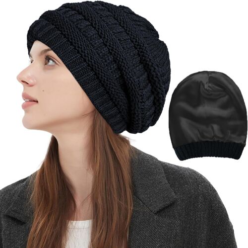 Jexnovashop-Bonnet Pour Femme Avec Doublure En Satin, Bonnet D'hiver, Doublure En Soie, Bonnet Souple Pour Les Cheveux, Bonnet Doux À Motif Tressé, Bonnet Chaud Et Épais, Noir , Large