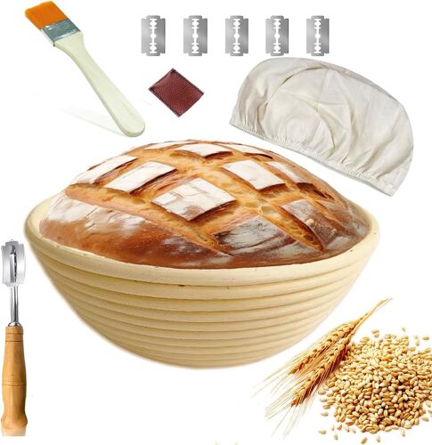 Jexnovashop-Banneton Pour Pain, Panier De Fermentation Rond De 23 Cm, Panier De Fermentation Pour Pain, Avec Brosse, Couteau À Pain, Tissu En Lin, Panier À Pain, Panier De Fermentation Pour Pain