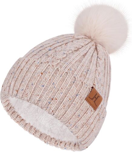 Jexnovashop-Bonnet Hiver Femme - Bonnets Chauds Tricotés Avec Double Doublure Polaire, Mignons Pompon Cadeau Femme