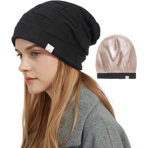 Jexnovashop-Bonnet Tricoté Pour Femme Homme, Bonnet D'hiver Doublé De Satin Pour Cheveux Bouclés, Souple Chaud Slouchy Beanie, Légère, Unisexe