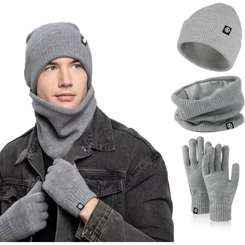 Jexnovashop-Ensemble Bonnet, Écharpe Et Gants Pour Homme, Set Hiver 3 En 1 Bonnet Thermique Gants Cache-Col En Laine Polaire Épais Gants Tactile Accessoires Pour Temps Froid
