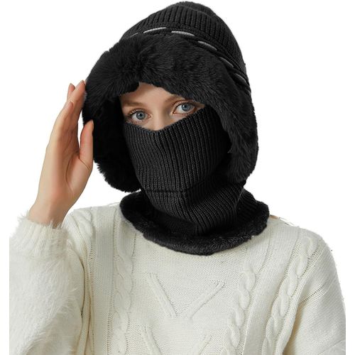 Jexnovashop-Bonnet Femme Hiver Cagoule Chaud Avec Pompon Balaclava D'écharpe Tricoté Casquette Doublure En Peluche