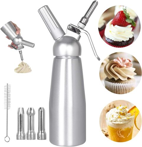 Jexnovashop-Siphon Chantilly Professionnel 500ml Siphon À Chantilly Siphons De Cuisine Avec 3 Douilles En Acier Inoxydable En Aluminium Pour Mousses Et Crèmes Cartouche Gaz Siphon