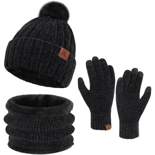 Jexnovashop-Femme Bonnet D¿Hiver Chapeaux Foulard Écran Tactile Gants Set Doublé Chenille Tricot Bonnets Cache Cou Polaire Doublé