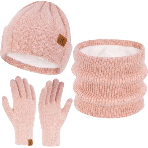 Jexnovashop-Femme Hiver Bonnet Chapeau Foulard Écran Tactile Gants Ensemble Imitation Velours Tricot Polaire Doublé Casquette Écharpe Gant Cadeaux Pour Femmes