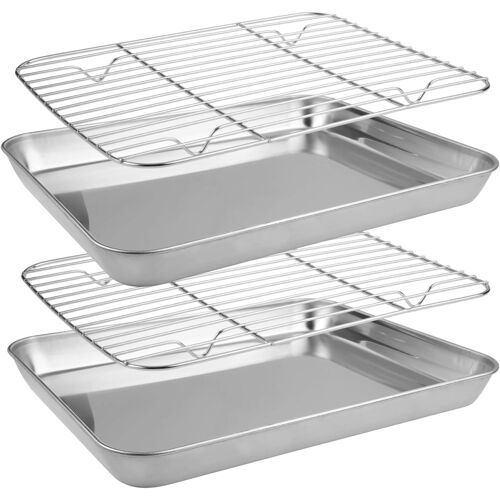 JEXNOVASHOP-Lot De 2 Plaque De Cuisson avec Grille De Refroidissement 26.5 X 15.5 X 2.8 Cm Rectangulaire Stainless Steel Sheet Pan Roasting Pan Smooth Corner Design Et Facile À Nettoyer pour Cuire, S