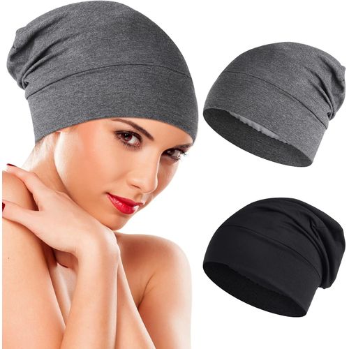 Jexnovashop-Lot De 2 Bonnets De Sommeil En Soie Doux Avec Doublure En Satin Réglable Turban Chapeau Infirmière Pour Cheveux Crépus Moyens Chimiothérapie Femmes Hommes Gris Noir Taille Unique