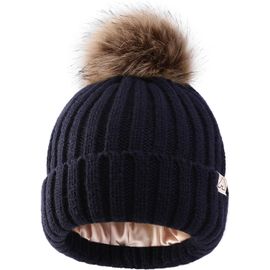 Jexnovashop-Bonnet Enfant D'hiver Doubles Pompons, Bonnet Doublé En Satin Pour Cheveux, Bébé Chaud Chapeau Tricoté Doux Beanie Garçons Filles