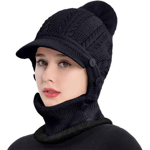Jexnovashop-Bonnet Cagoule Femme Hiver Doublé Polaire Avec Pompon Tricoté Chapeau Balaclava Chaud Et Chic Casquettes Avec Snood Cache Cou Protege Oreilles 3 En 1