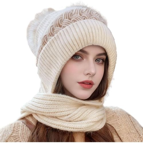 Jexnovashop-2 En 1 Ensemble Bonnet Echarpe Hiver Femme, Chapeau D'hiver, Chapeau Homme Stylé En Tricot, Balaclava Tricoté Coupe-Vent, Bonnet Et Écharpe En Une Pièce Sports De Plein Air Anti Froid, Be
