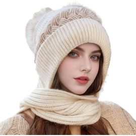 Jexnovashop-2 En 1 Ensemble Bonnet Echarpe Hiver Femme, Chapeau D'hiver, Chapeau Homme Stylé En Tricot, Balaclava Tricoté Coupe-Vent, Bonnet Et Écharpe En Une Pièce Sports De Plein Air Anti Froid, Be