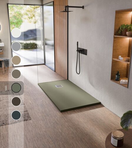 BELLOBATH - Receveur de douche en résine antidérapante - Texture ardoise lisse - Avec la bonde et la grille comprises - Kaki - 70 X 200 cm